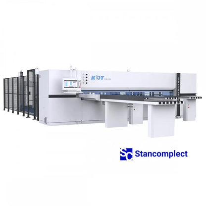 KDT industrinis supjovimo centras KS-843HL su galiniu pakrovimu ir dvigubu stumtuvu, pjaunamo paketo aukštis 120 mm, dydis 4300x4300 mm